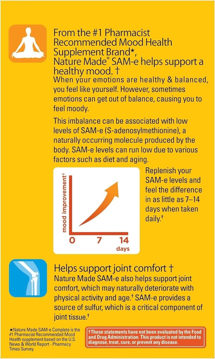 Nature Made SAM-e Complete 200mg Healthy Mood & Joint Support SAMe - 24 Tablets