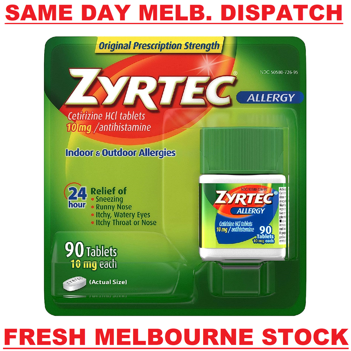 ZYRTEC CETIRIZINE 10MG 24HR ALLERGY & HAYFEVER RELIEF 90 TABLETS EXP. 05/2025