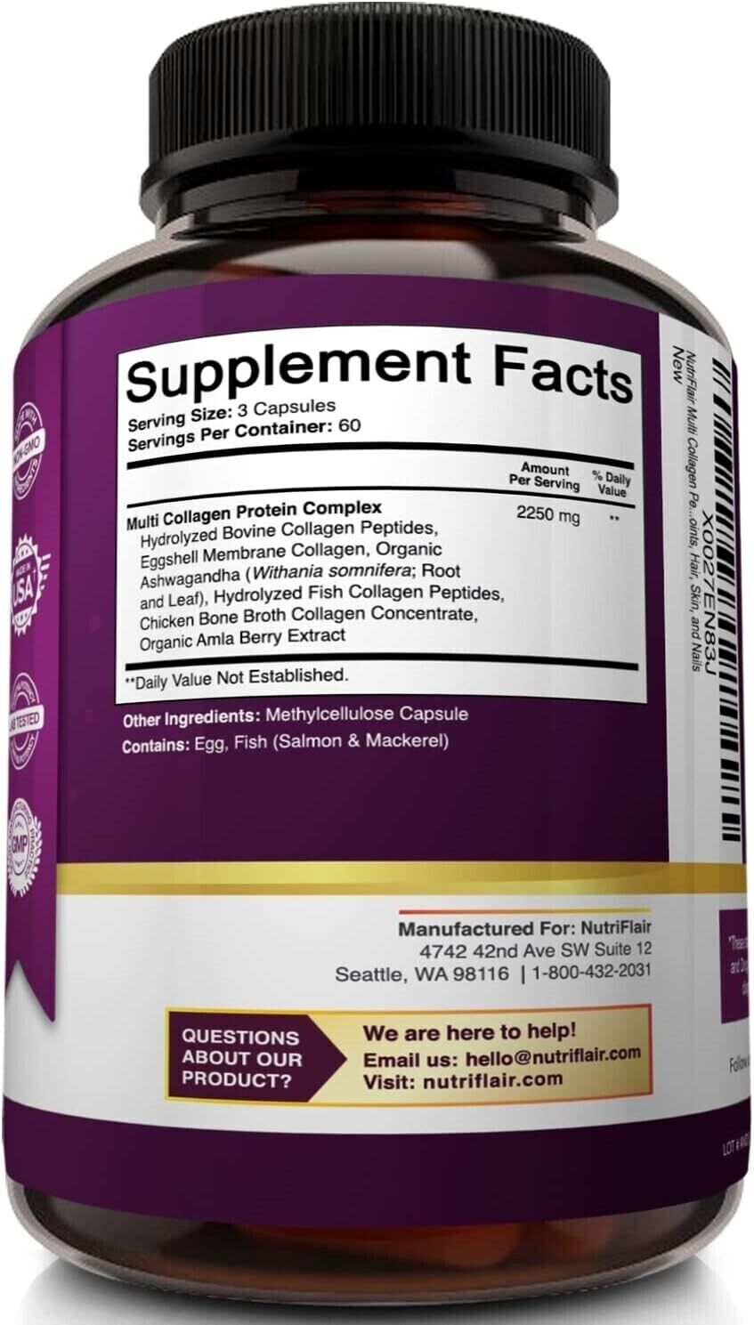 NUTRIFLAIR COLLAGEN COMPLEX 2250mg Type I, II, III, V, X Hair Skin Nails 180 Cap