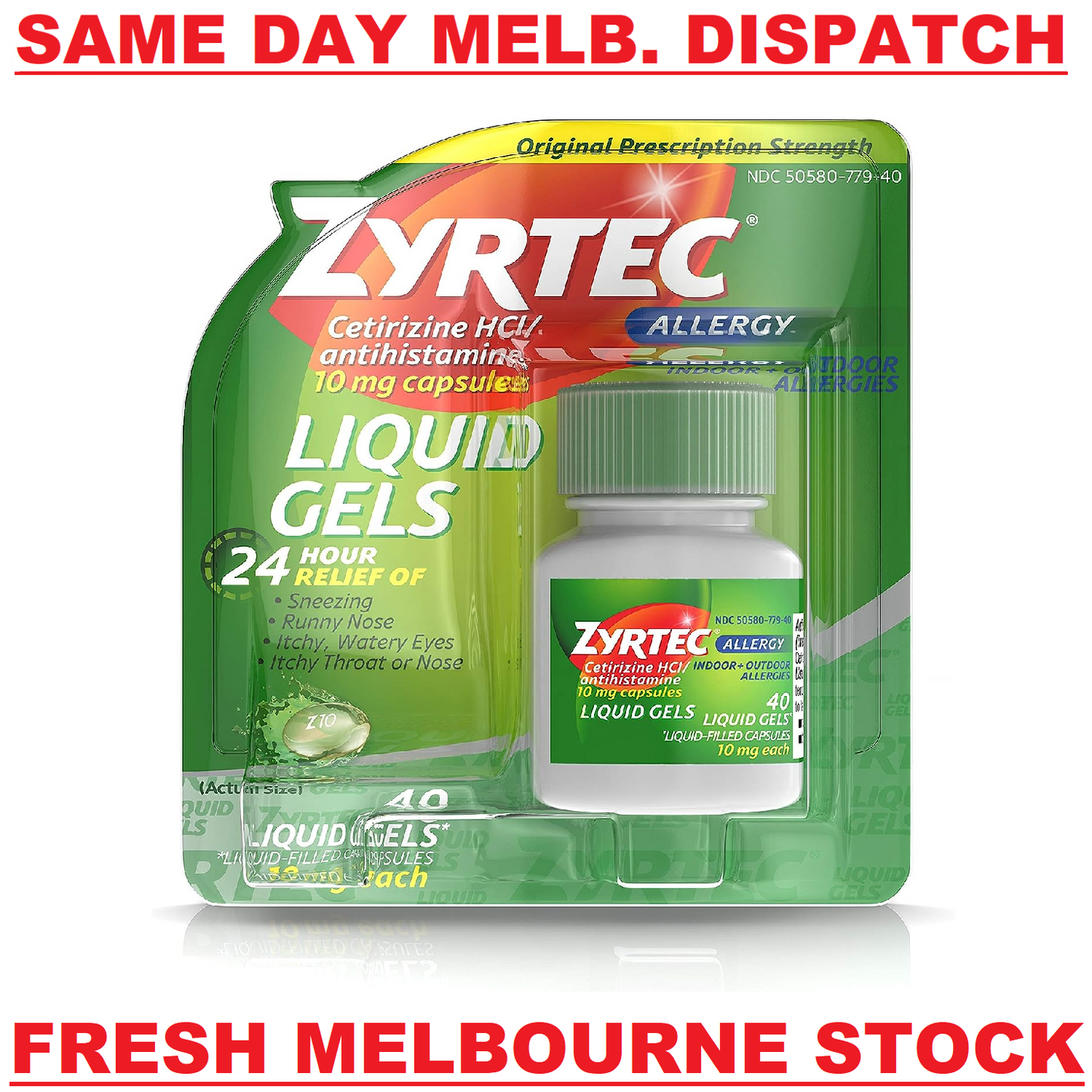 ZYRTEC CETIRIZINE 10MG 24HR ALLERGY & HAYFEVER RELIEF 40 GELCAPS EXP. 10/2024