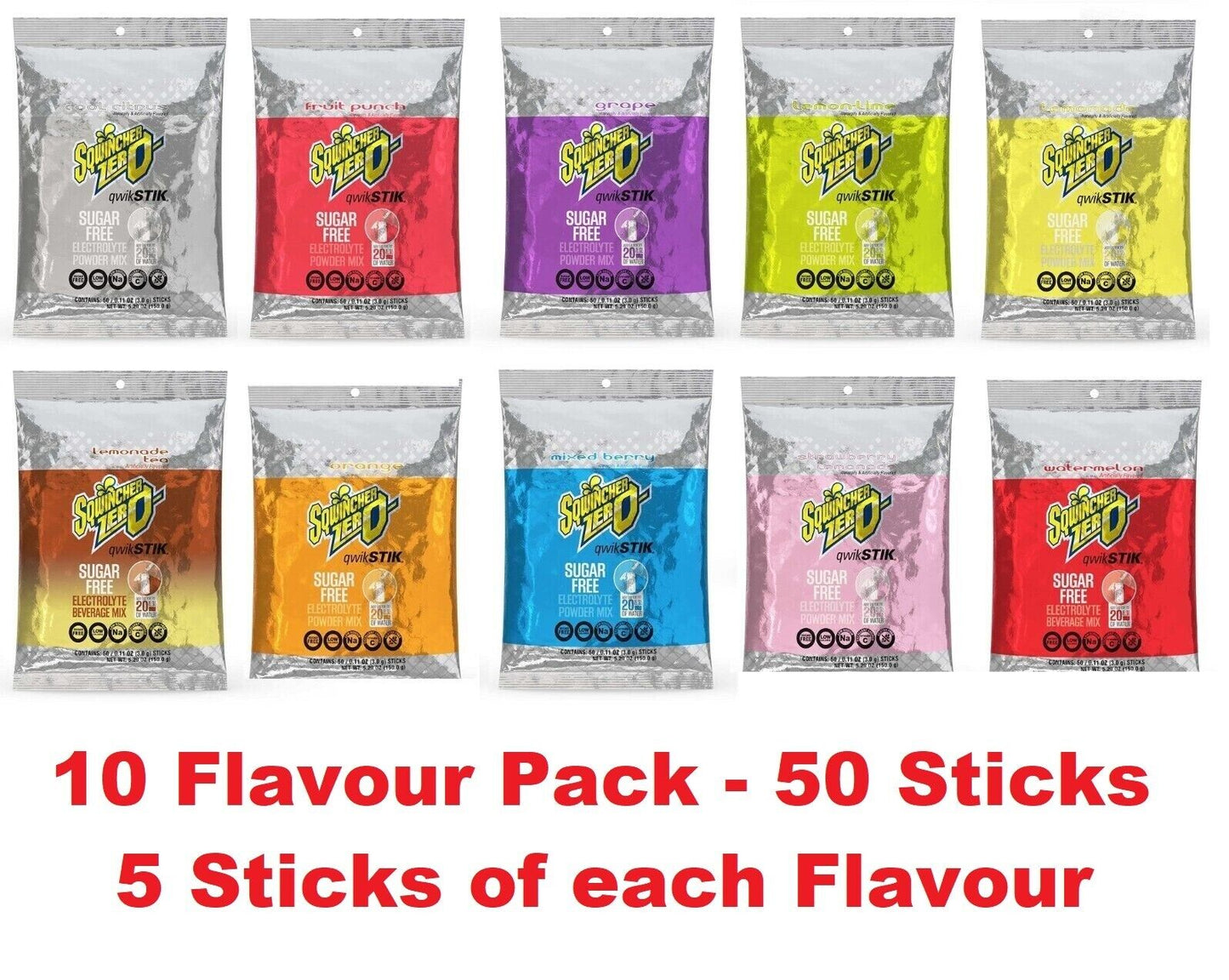 Sqwincher Zero Qwik Stik Electrolyte Drink- Sugar Free- 50 Servings -10 Flavours