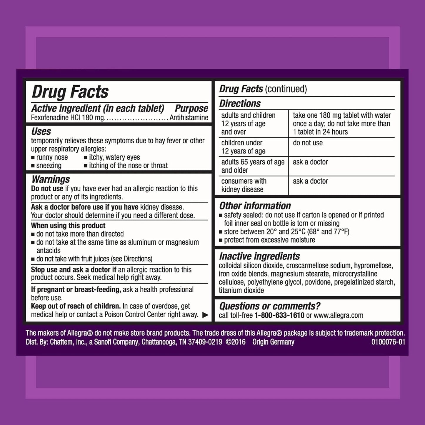 ALLEGRA ALLERGY FEXOFENADINE 180MG (SAME AS TELFAST 180MG) 45 TABLETS EXP. 01/25