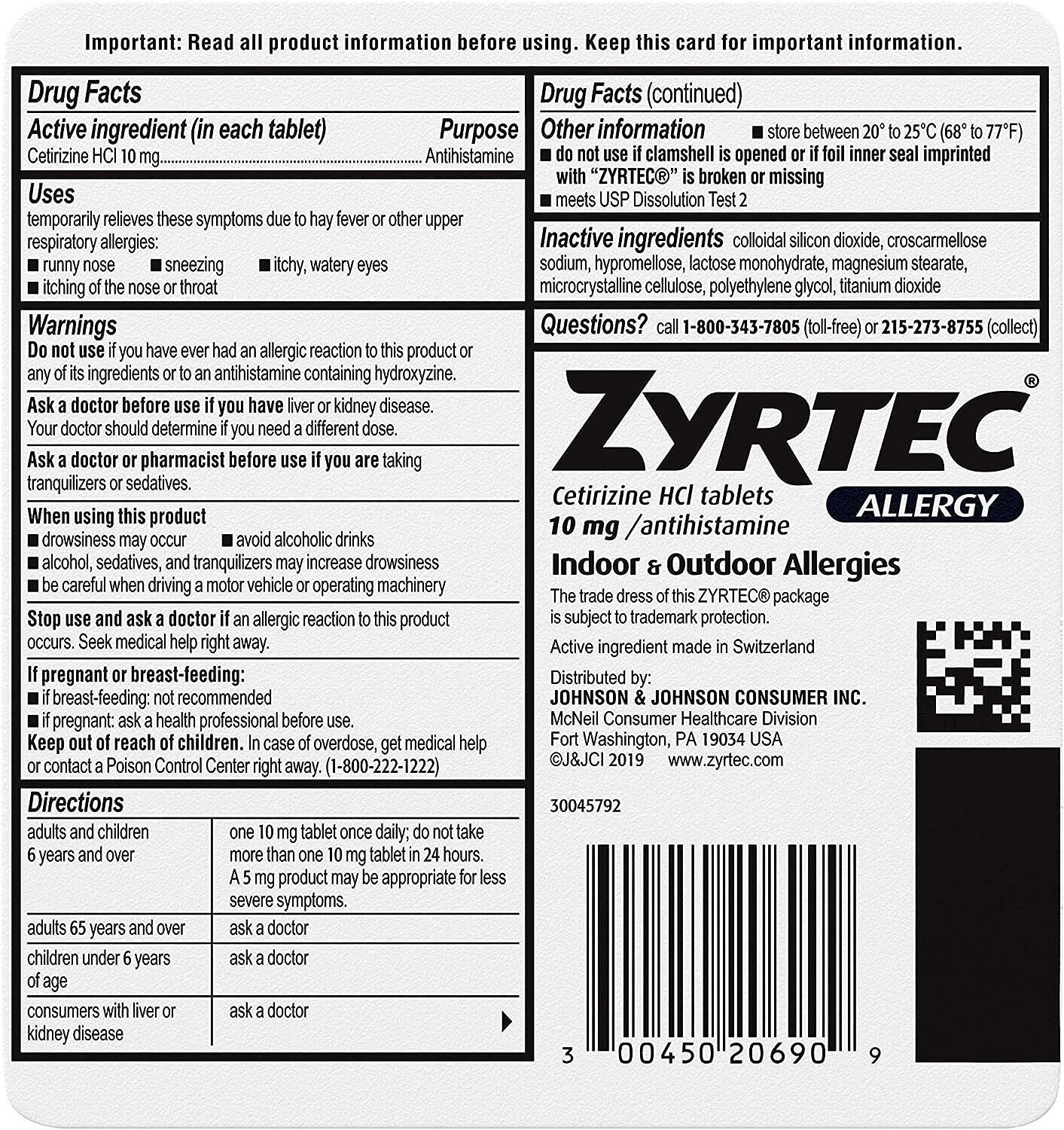 ZYRTEC CETIRIZINE 10MG 24HR ALLERGY & HAYFEVER RELIEF 90 TABLETS EXP. 05/2025