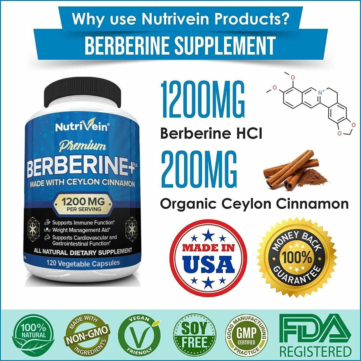 NUTRIVEIN PREMIUM BERBERINE HCL 1200mg 120 Capsules Ceylon Cinnamon FREE EXPRESS