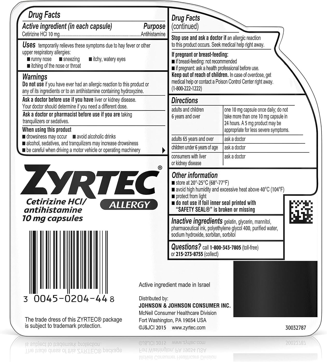 ZYRTEC CETIRIZINE 10MG 24HR ALLERGY & HAYFEVER RELIEF 40 GELCAPS EXP. 10/2024