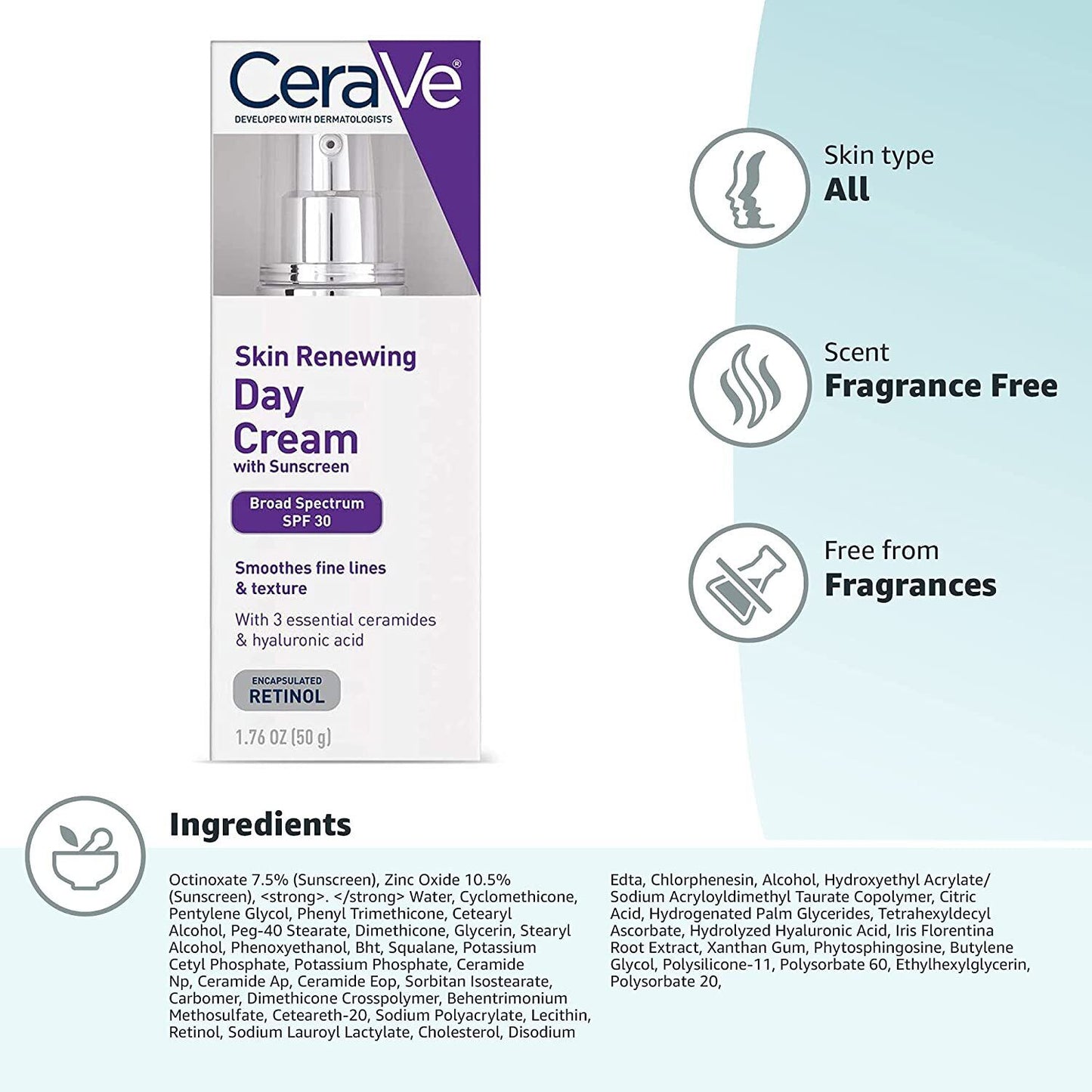 CERAVE SKIN RENEWING DAY CREAM ANTI AGING with RETINOL + SUNSCREEN SPF30 50g NEW