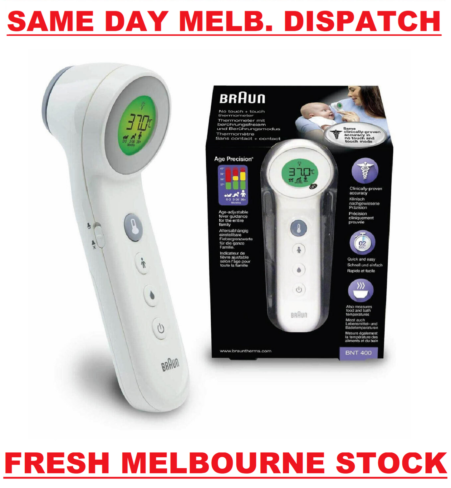 Braun No Touch 3-in-1 Thermometer BNT400 Age Precision Touchless Infrared WHITE