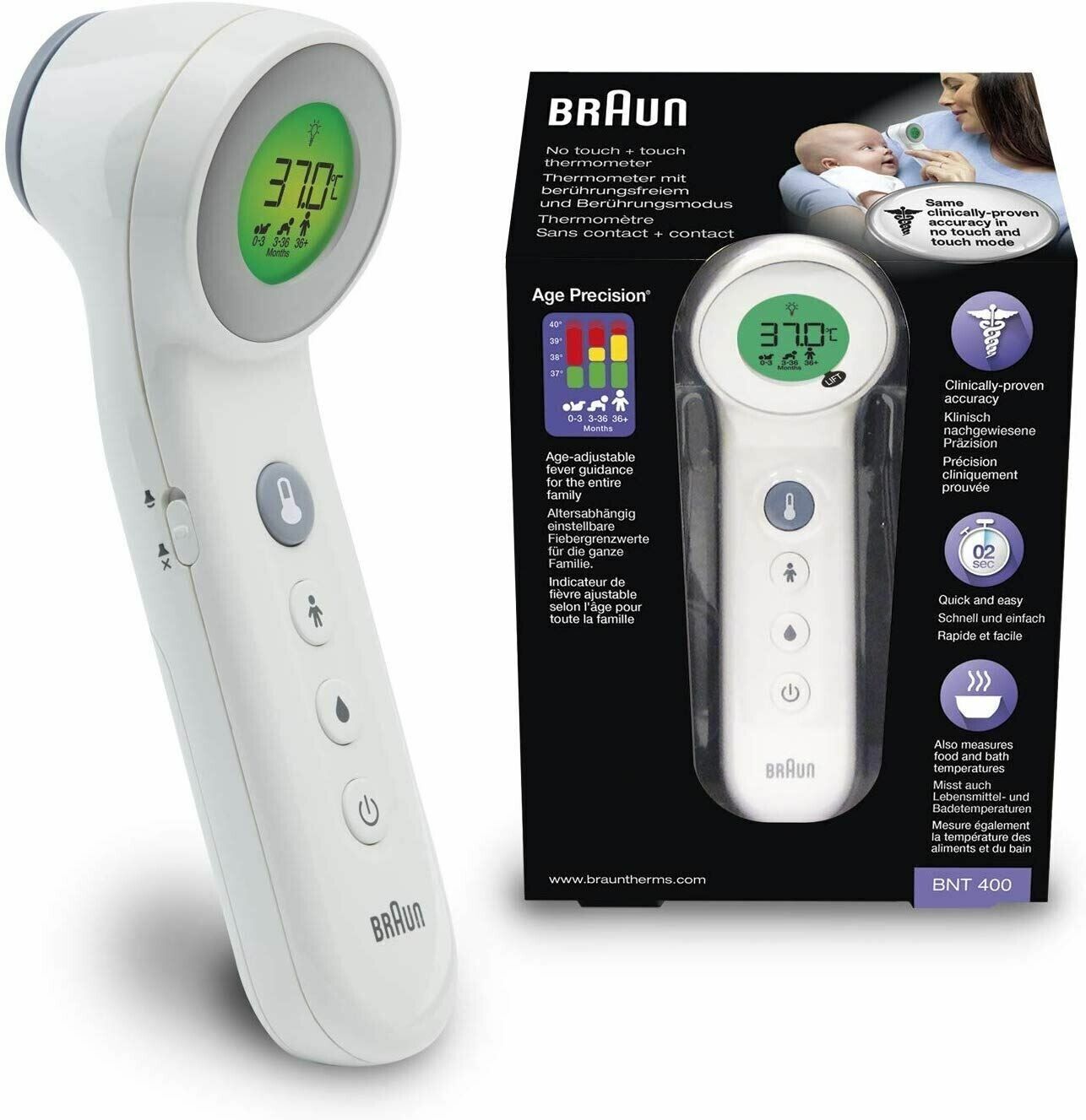 Braun No Touch 3-in-1 Thermometer BNT400 Age Precision Touchless Infrared WHITE
