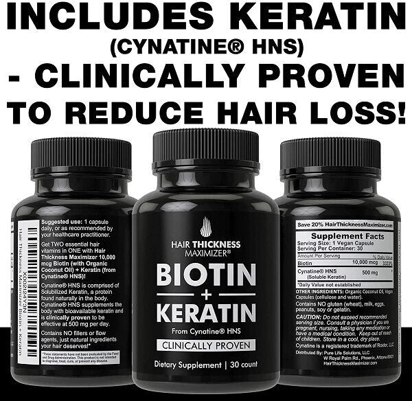 BIOTIN 10000 mcg + KERATIN 500mg HAIR GROWTH VITAMINS REDUCE HAIR LOSS - 30 CAPS