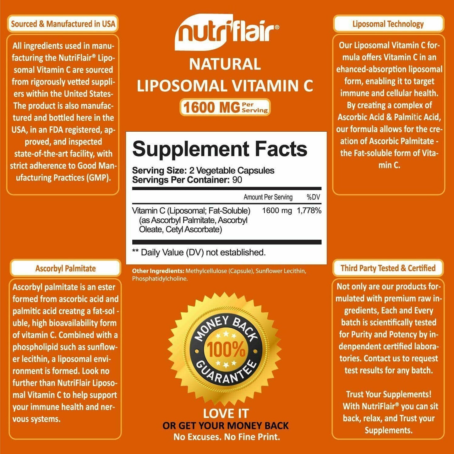 NUTRIFLAIR LIPOSOMAL VITAMIN C 1600mg 180 Caps DOUBLE STRENGTH POWERFUL IMMUNITY