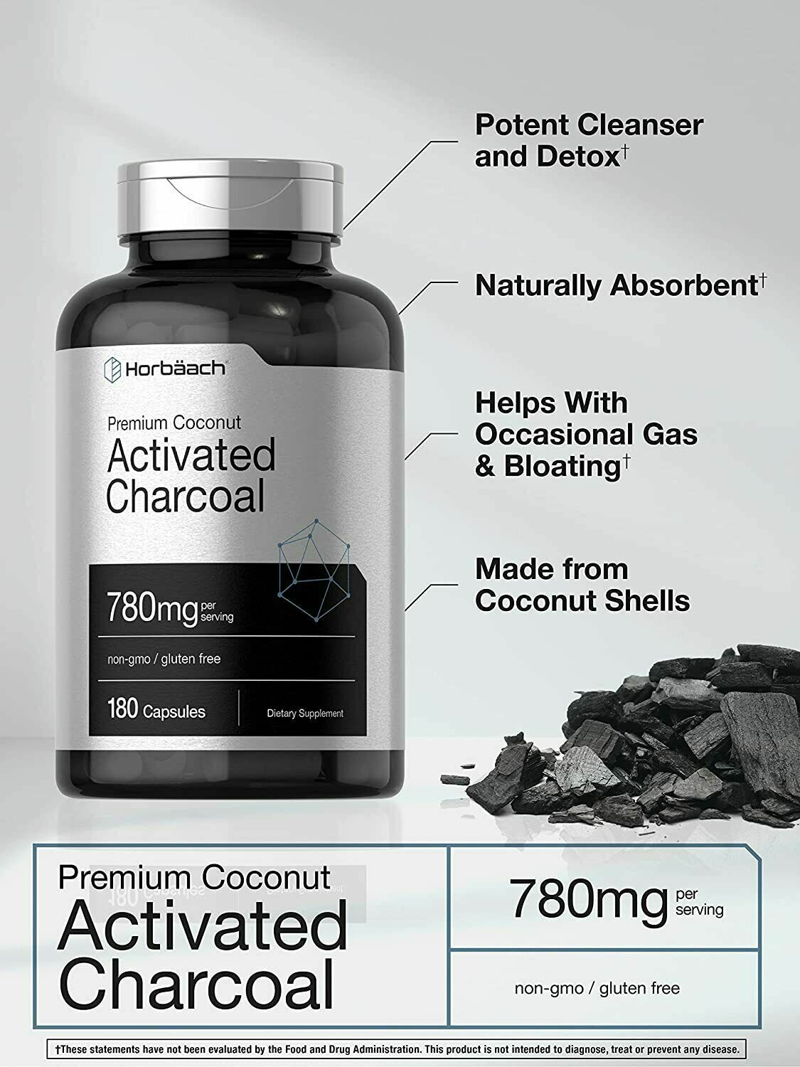 ACTIVATED CHARCOAL 780mg Horbaach HIGH DOSAGE Detox 180 Caps - FREE EXPRESS POST