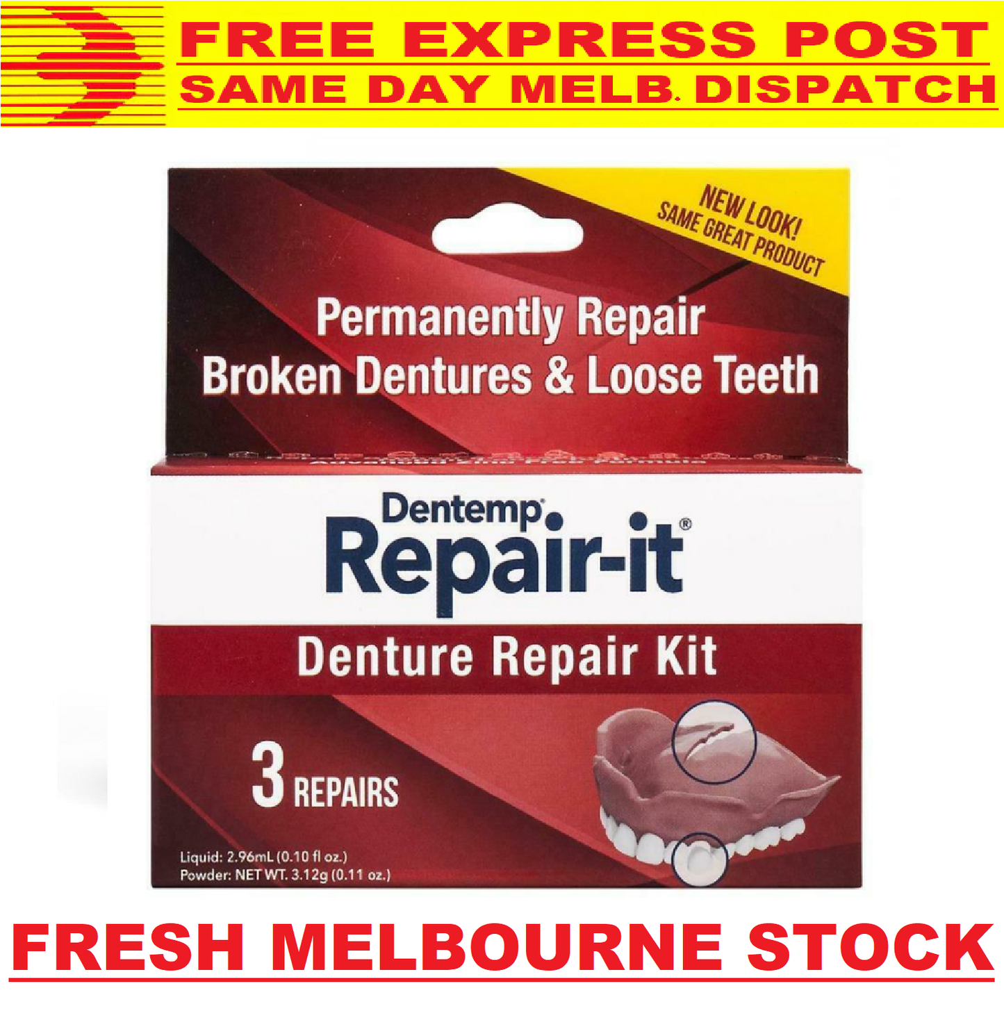 DENTEMP DENTURE REPAIR-IT KIT REPAIR BROKEN CRACKED DENTURE LOOSE TEETH EXPRESS