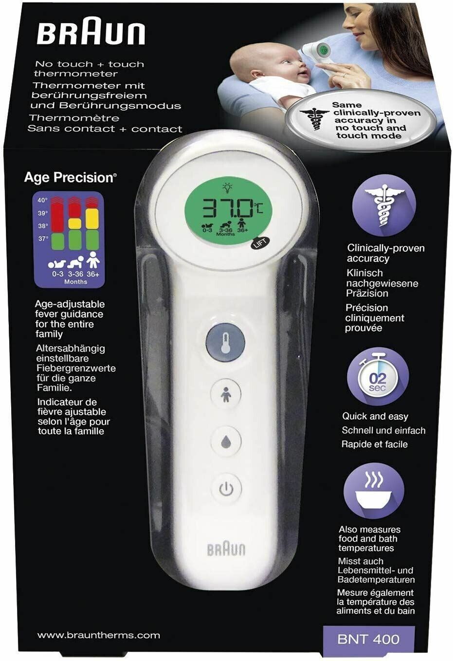 Braun No Touch 3-in-1 Thermometer BNT400 Age Precision Touchless Infrared WHITE