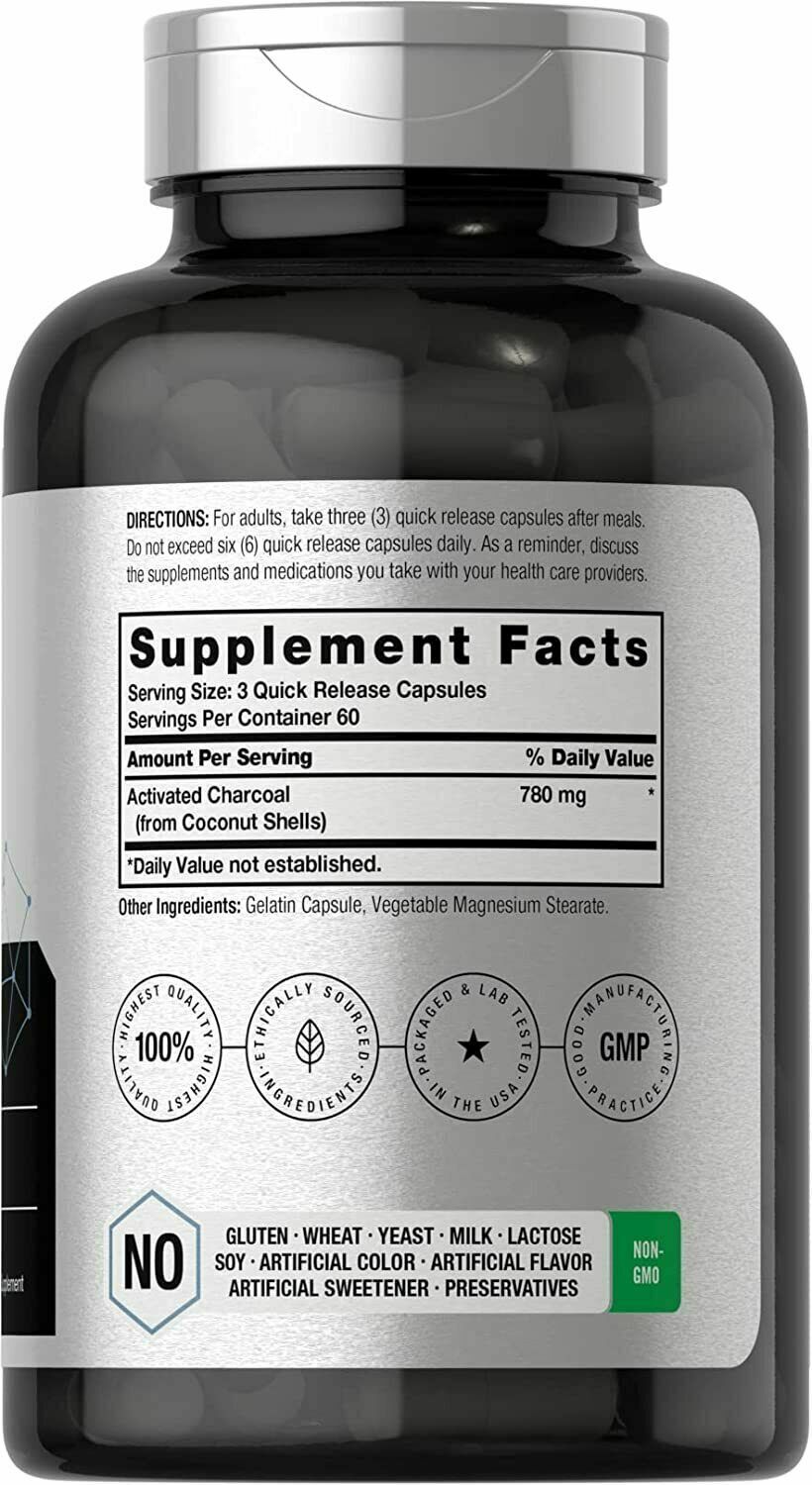 ACTIVATED CHARCOAL 780mg Horbaach HIGH DOSAGE Detox 180 Caps - FREE EXPRESS POST