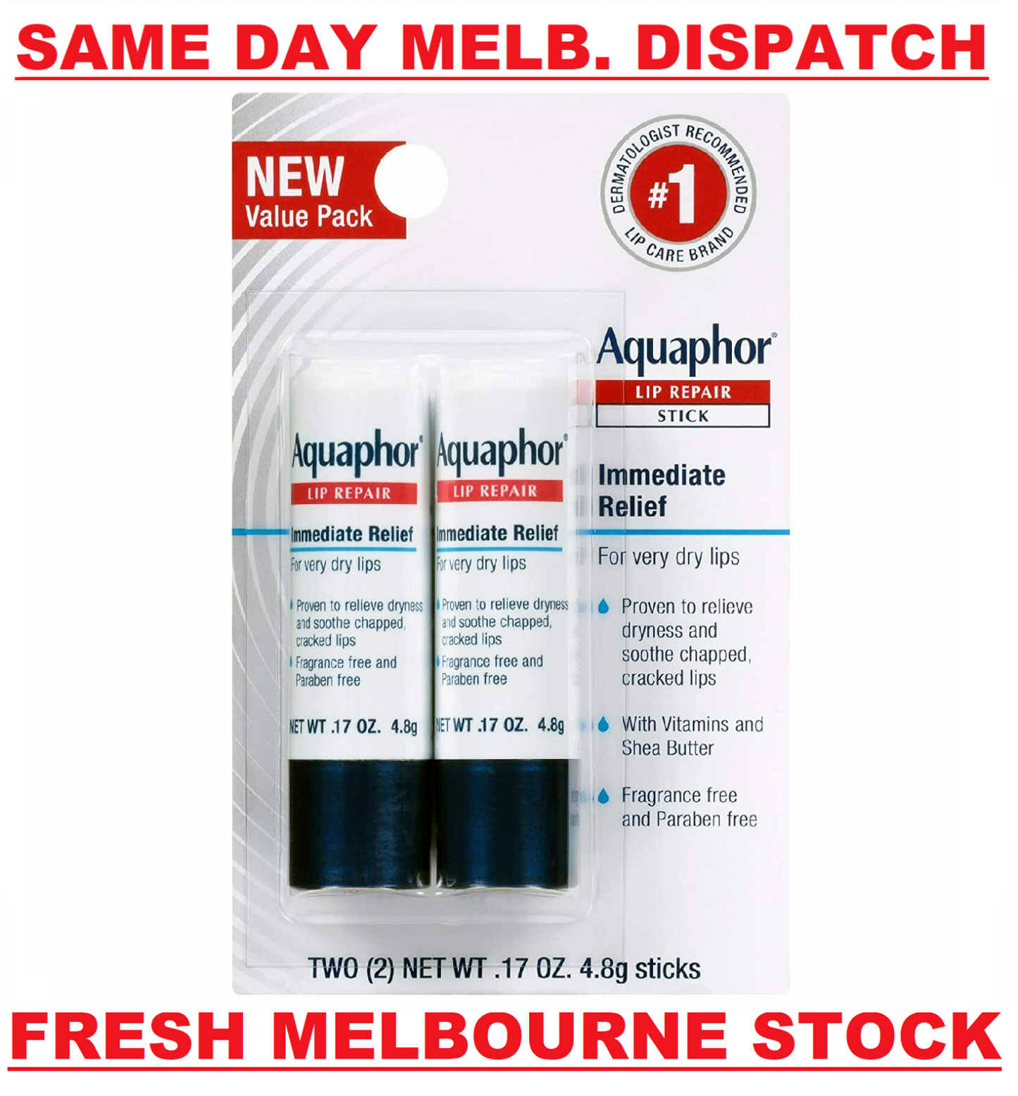 Aquaphor Lip Repair Stick - 2 Pack - Soothes Dry Chapped Lips - NEW & SEALED