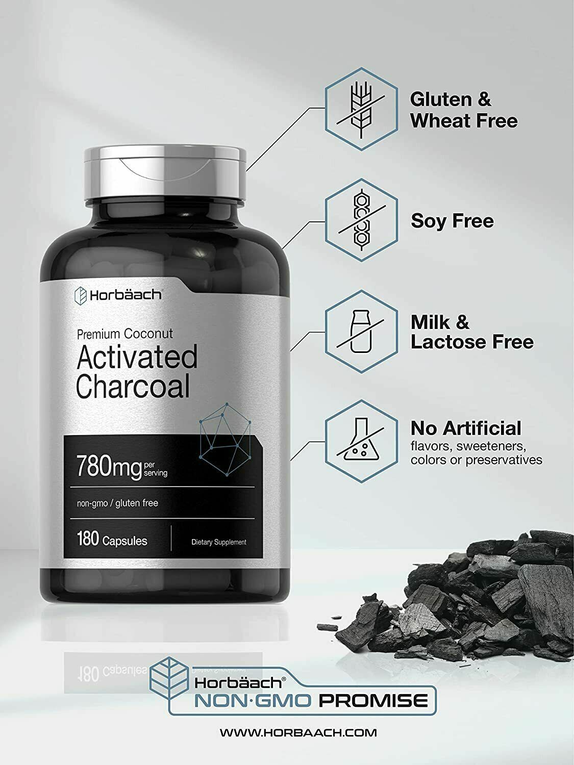ACTIVATED CHARCOAL 780mg Horbaach HIGH DOSAGE Detox 180 Caps - FREE EXPRESS POST