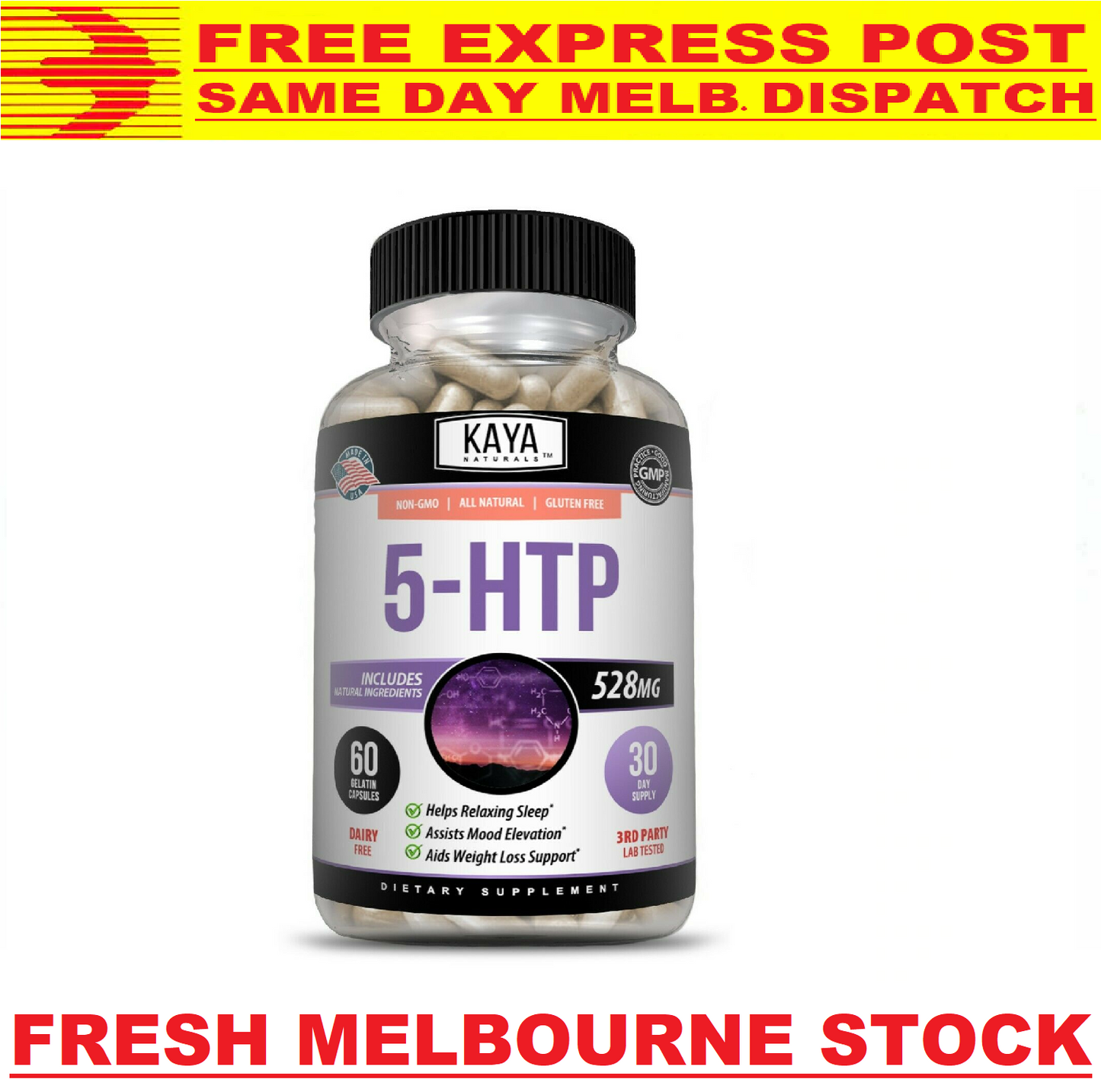 5-HTP 528mg MAX STRENGTH Sleep Aid Stress Weight Loss 60 Caps FREE EXPRESS POST!