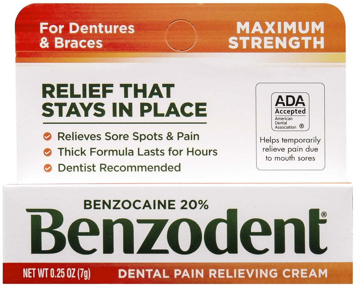 Benzodent Dental Pain Relieving Cream for Dentures and Braces 7g Tube MELB STOCK