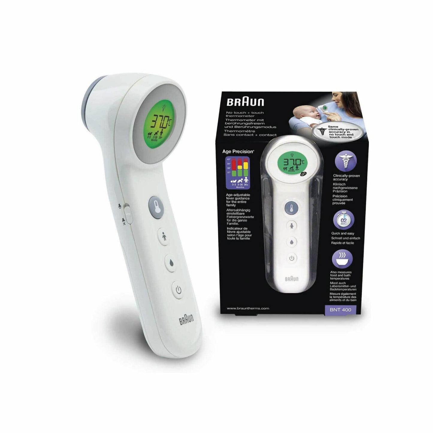 Braun No Touch 3-in-1 Thermometer BNT400 Age Precision Touchless Infrared WHITE