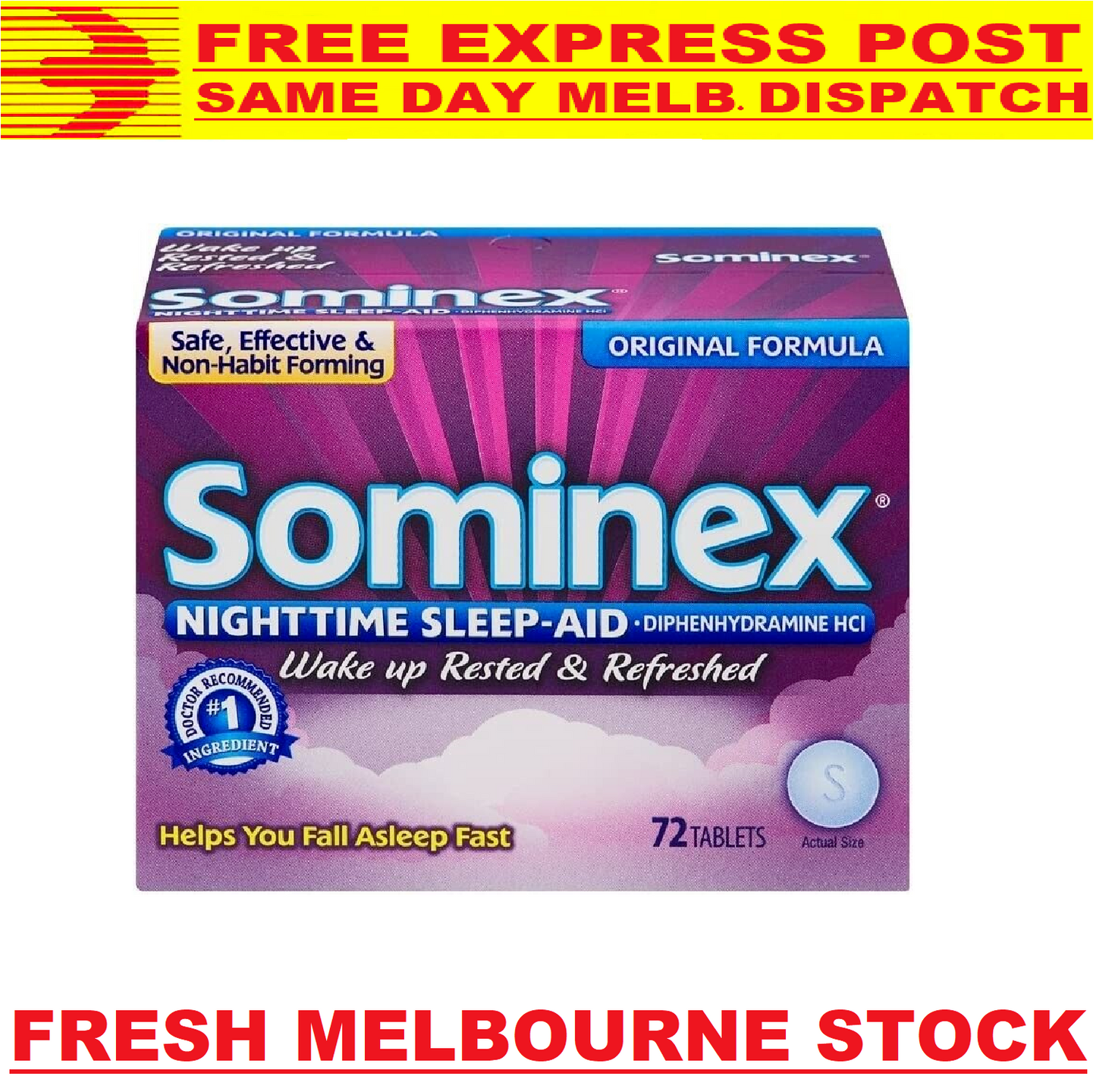 SOMINEX SLEEP AID NIGHT TIME ORIGINAL FORMULA VALUE PACK 72 TABS - FREE EXPRESS