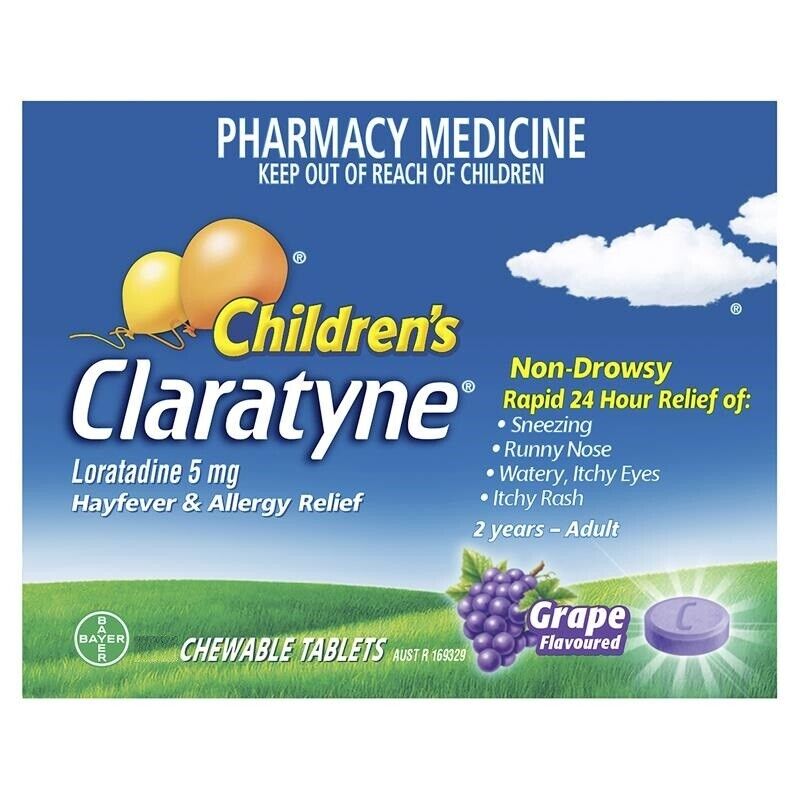 CHILDREN'S CLARATYNE CLARITIN 5MG 24HR ALLERGY RELIEF 60 CHEWABLE TABLETS GRAPE