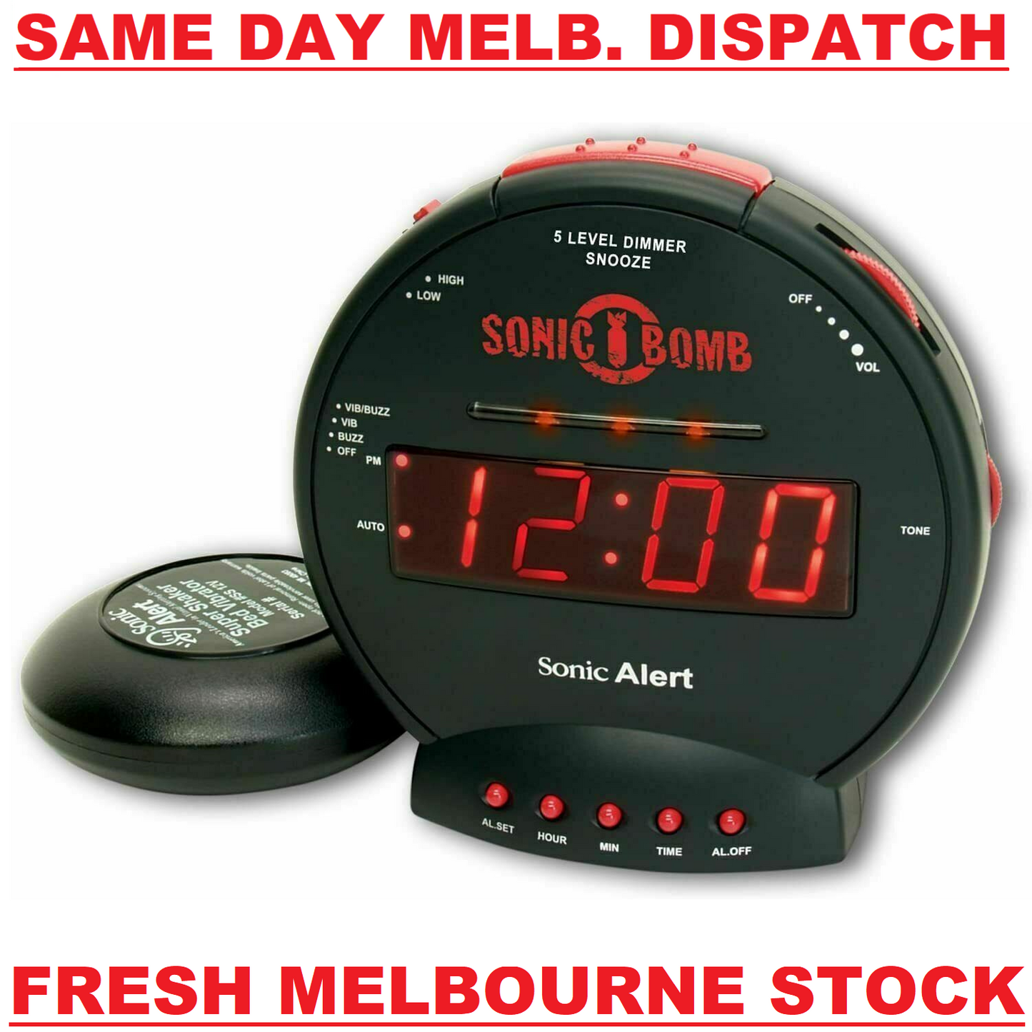 Sonic Bomb Extra Loud Alarm Clock Bed Shaker Silent Vibrate Alert + AU Adaptor