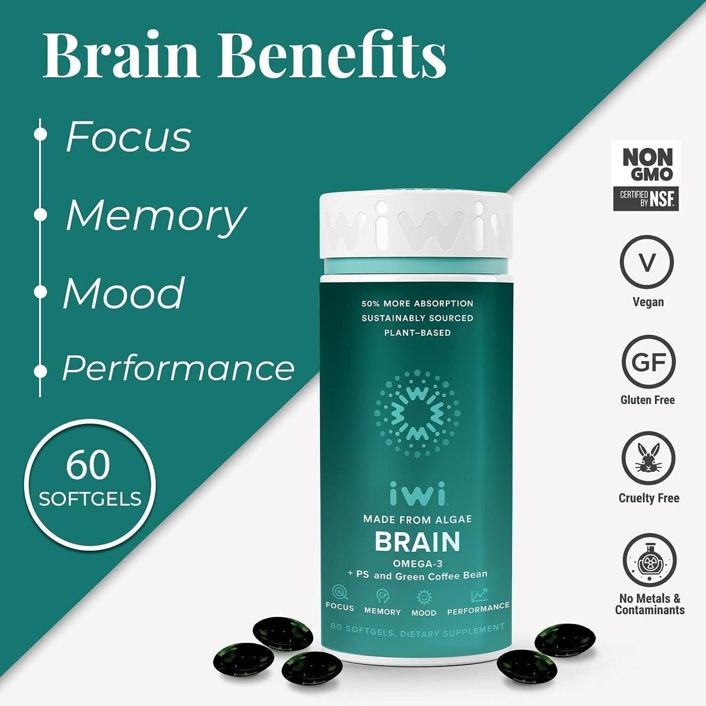 iwi Life BRAIN Algae Plant Omega-3 EPA & DHA for Memory and Focus - 60 Softgels