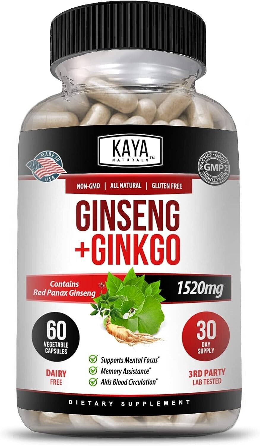 GINKGO BILOBA + KOREAN RED PANAX GINSENG 1520mg Energy Performance Focus 60 Caps