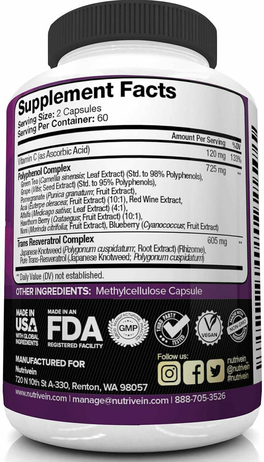 NUTRIVEIN RESVERATROL 1450mg 120 Caps Anti-Aging NAD+ NMN Booster - FREE EXPRESS