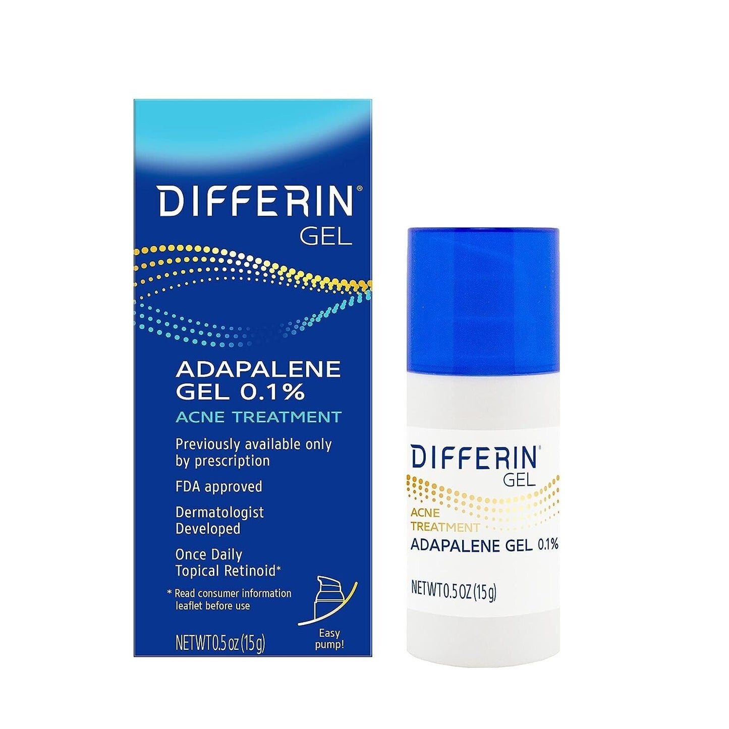 Differin 0.1% Adapalene Gel Maximum Strength Acne Treatment 15g | Pump Bottle