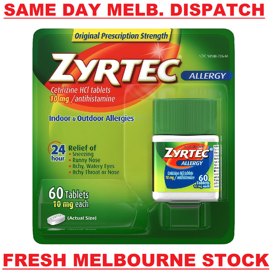 ZYRTEC CETIRIZINE 10MG 24HR ALLERGY & HAYFEVER RELIEF 60 TABLETS EXP. 05/2025