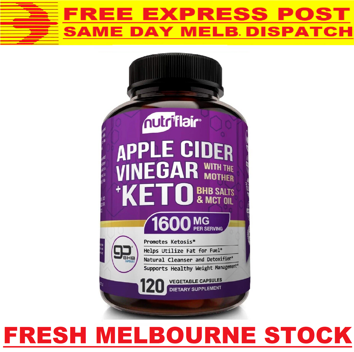 NutriFlair KETO BHB 120 Capsules With Apple Cider Vinegar - FREE EXPRESS POST!