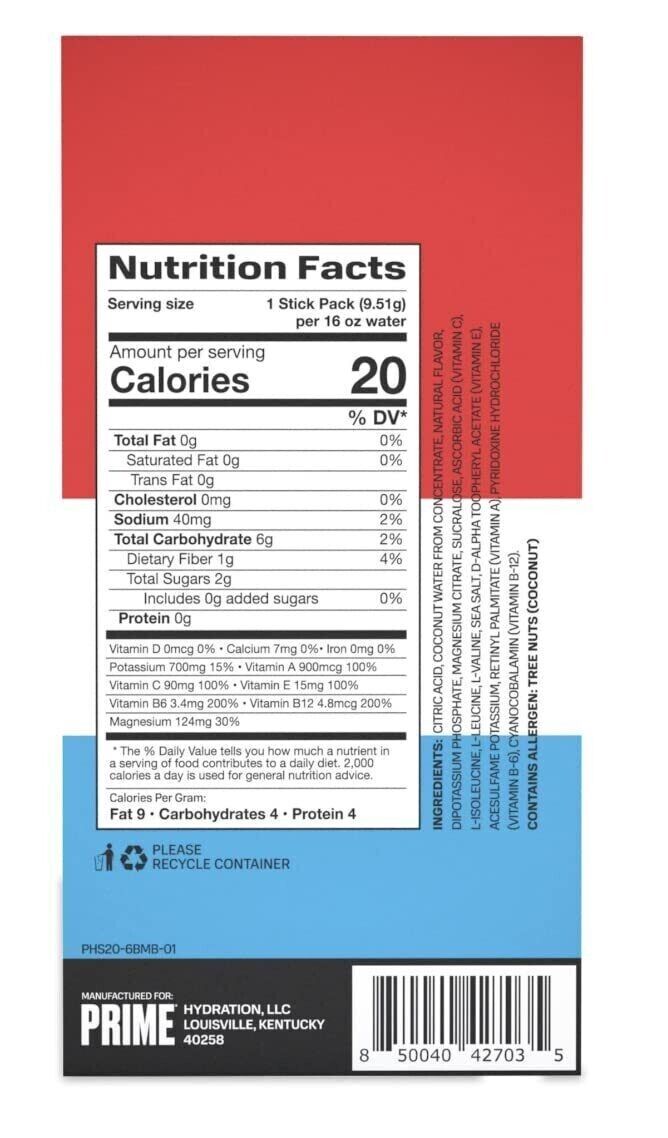 Prime Hydration Powder Sticks -No Added Sugar - 8 Flavours -  6 X 500ml Servings