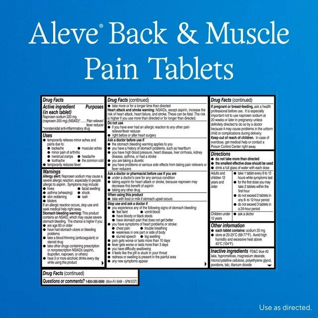 Aleve Back and Muscle Pain 200 Tablets - 12HR Headache Pain Relief Fever Reducer