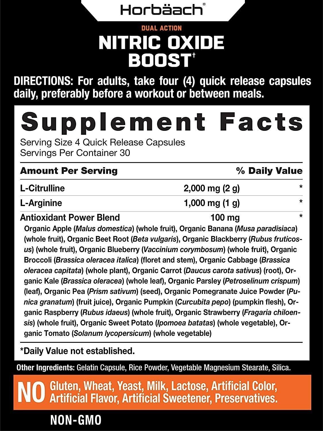 Nitric Oxide NO2 Boost 3000mg 120 Capsules DOUBLE STRENGTH Horbach FREE EXPRESS!