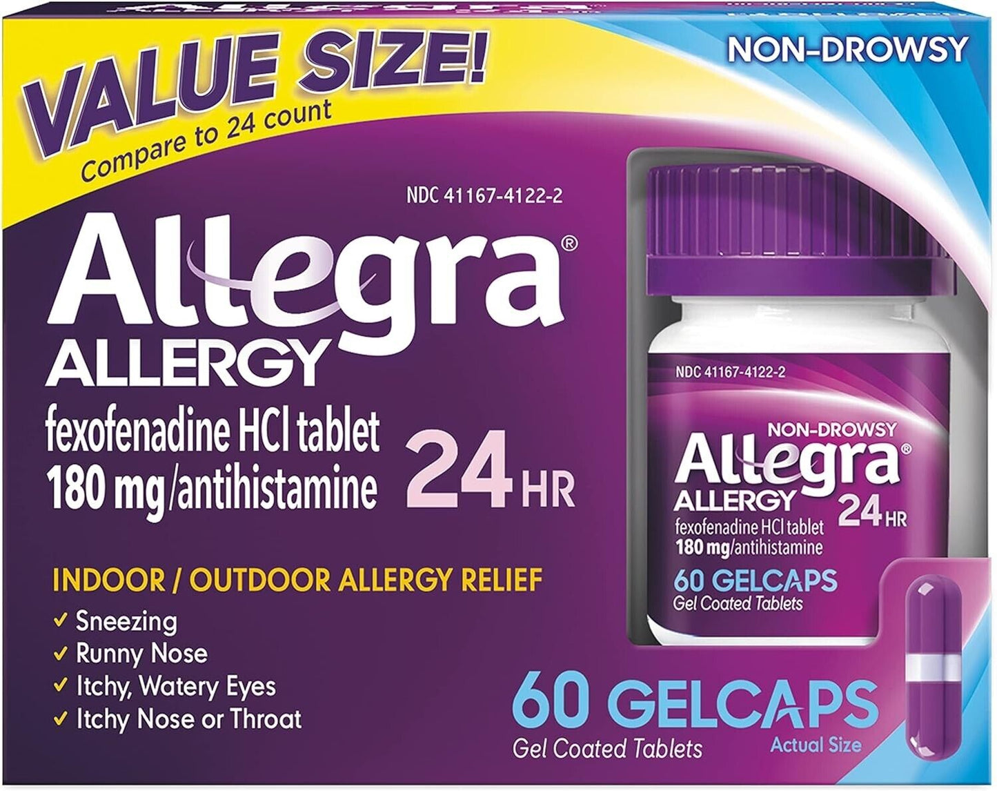 ALLEGRA ALLERGY FEXOFENADINE 180MG (SAME AS TELFAST 180MG) 60 GELCAPS EXP. 09/24