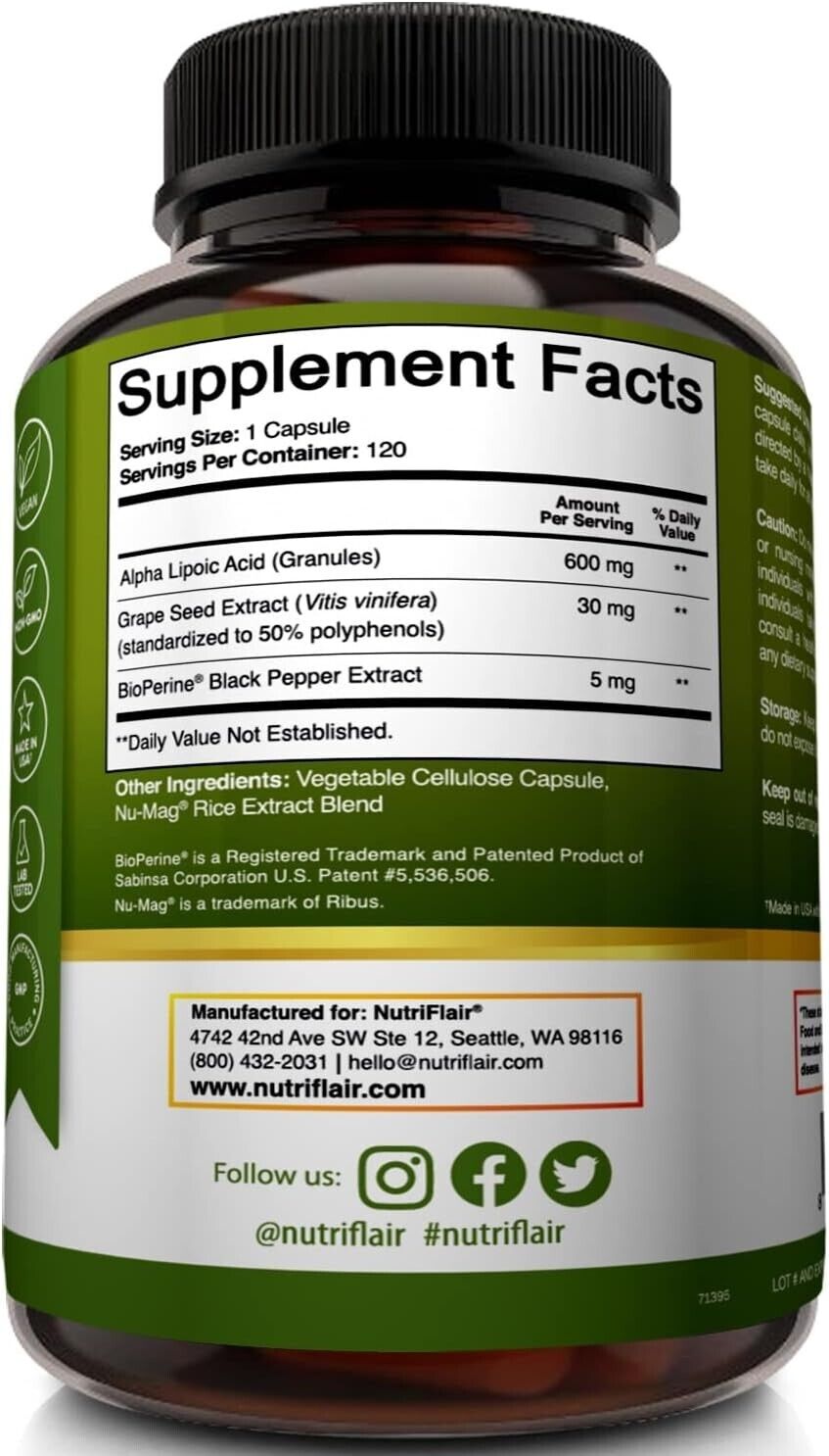 NUTRIFLAIR Alpha Lipoic Acid 635mg + Grape Seed Extract & Bioprene 120 Capsules