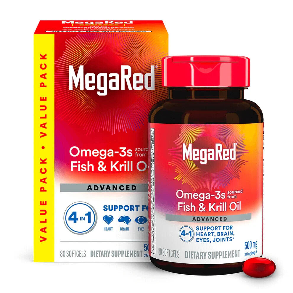 MegaRed ADVANCED Fish & Krill Oil 500mg Omega-3s Heart, Eye & Brain Support 80ct