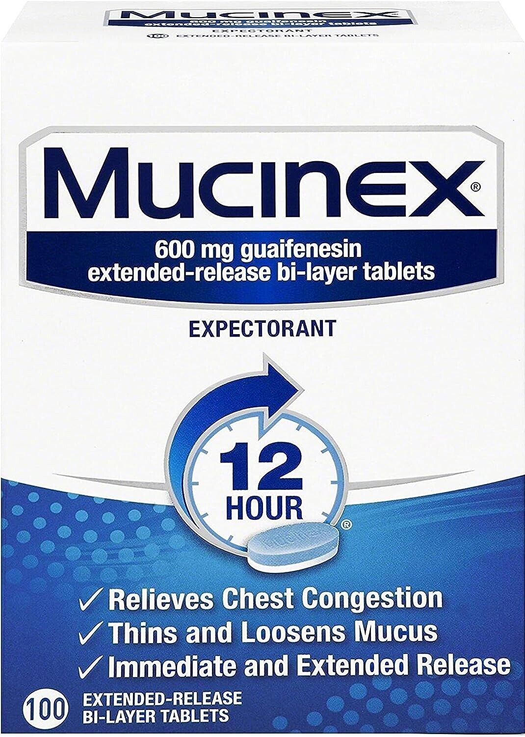 Mucinex Guaifenesin 600mg Expectorant Chest Congestion Loosens Mucus 100 Tablets