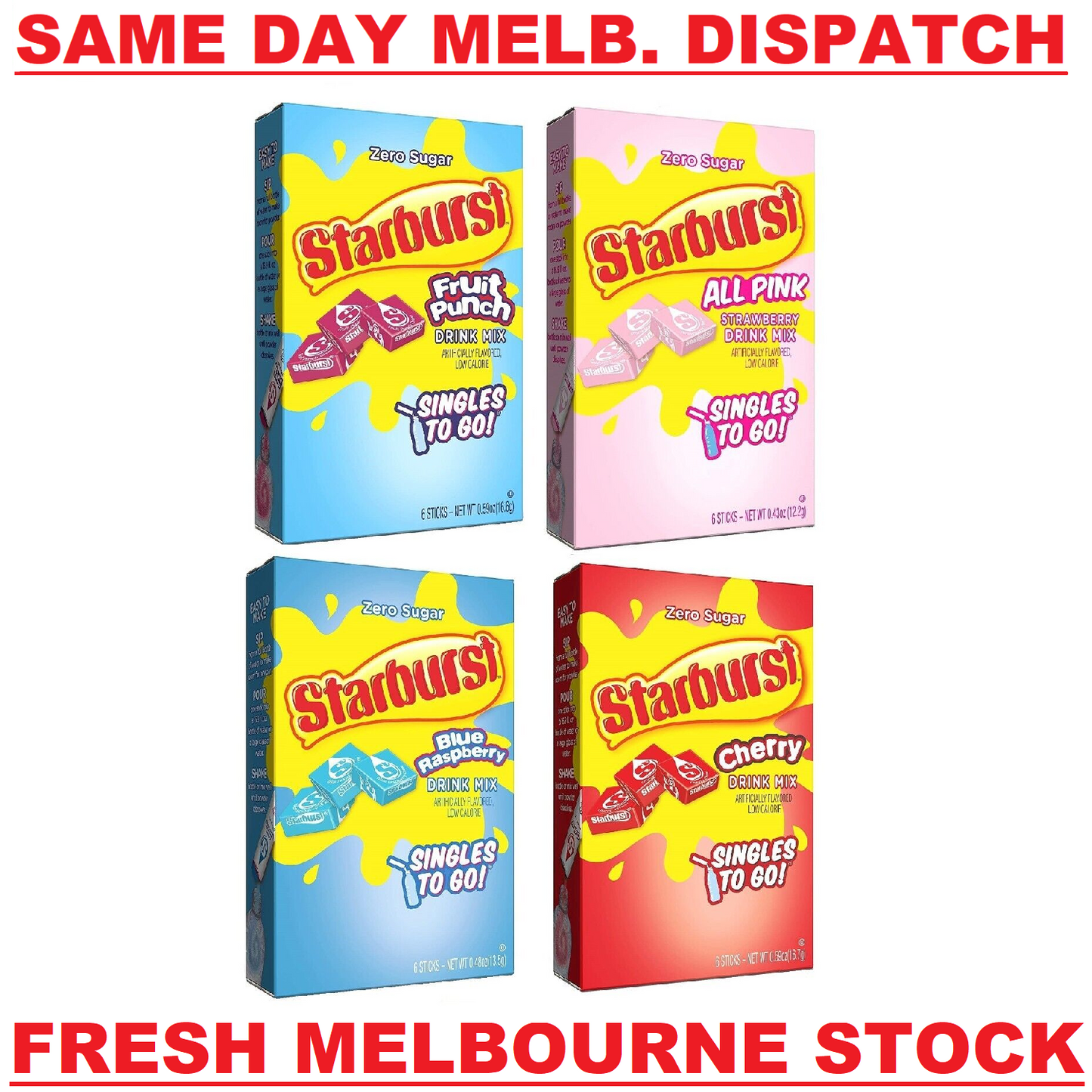 Starburst Drink Mix (sugar free powder) - 4 Flavour Choices - 6 Servings