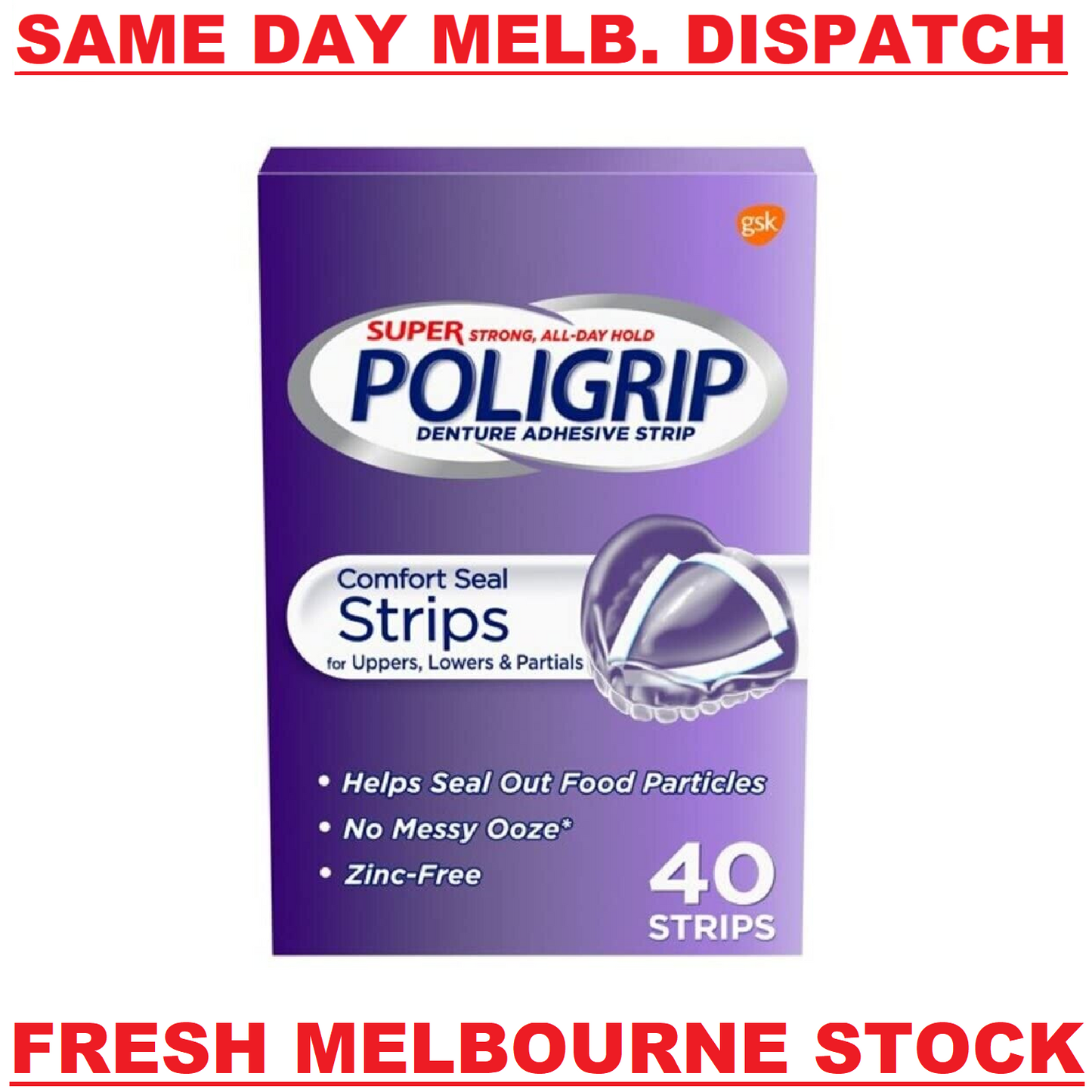 Super Poligrip Strips 40 Ct Comfort Seal Denture Adhesive Strips - MELB STOCK