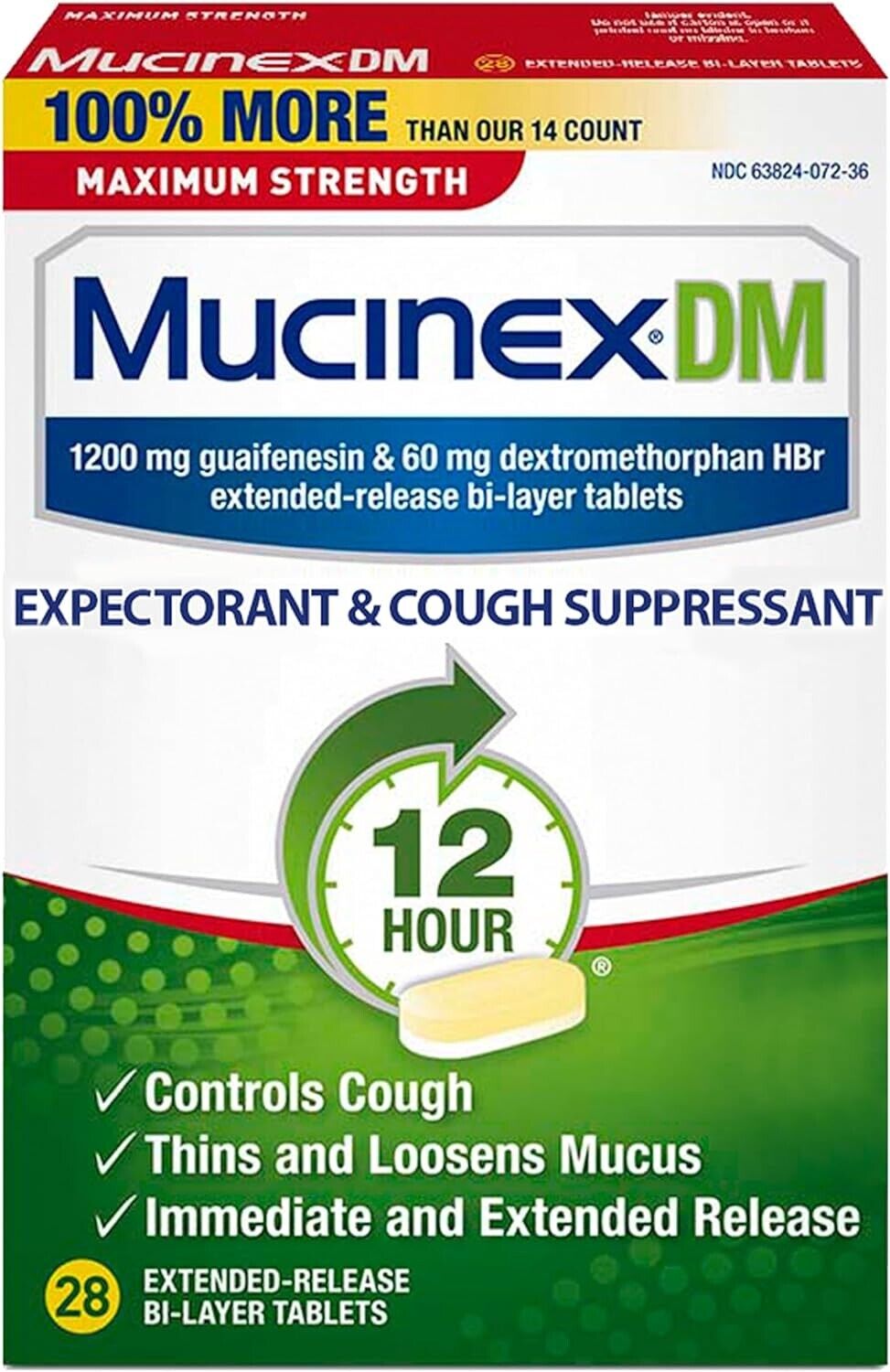 Mucinex DM Guaifenesin 1200mg MAX STRENGTH Expectorant Cough Suppressant 28 Tabs