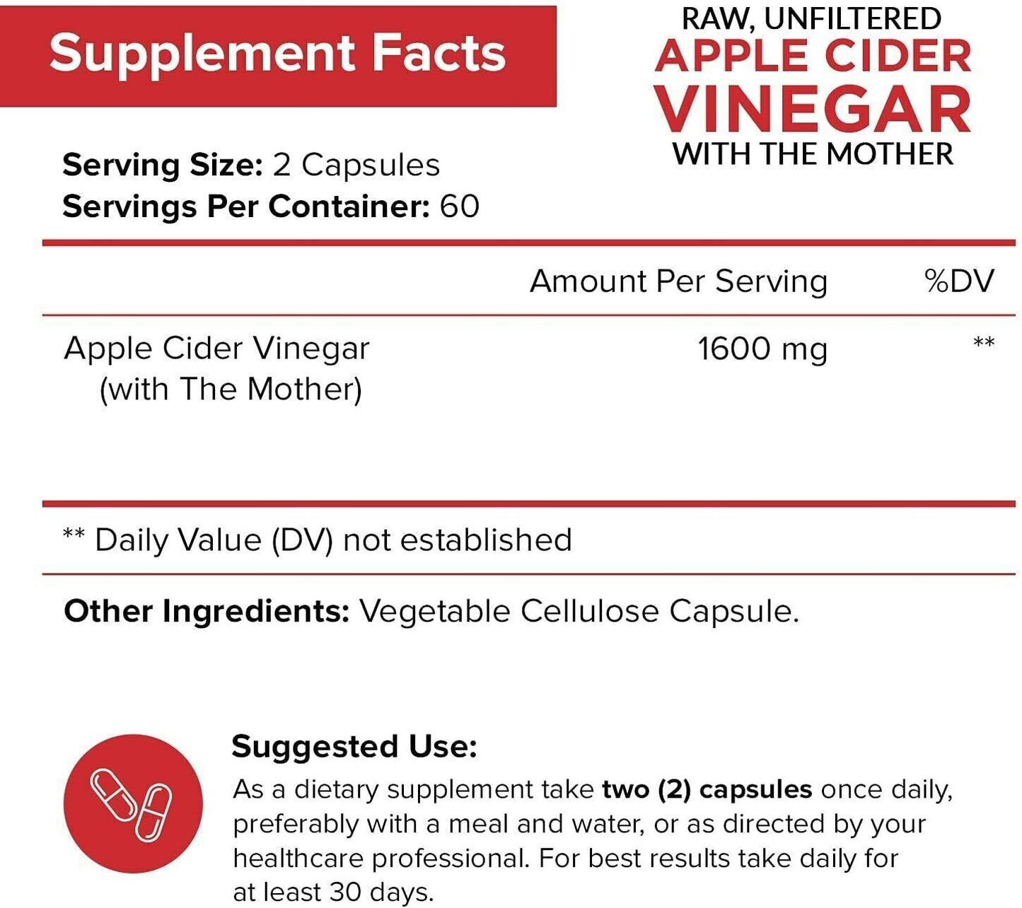 Apple Cider Vinegar Capsules with Mother 1600mg 120 Caps Weight Loss Supplement
