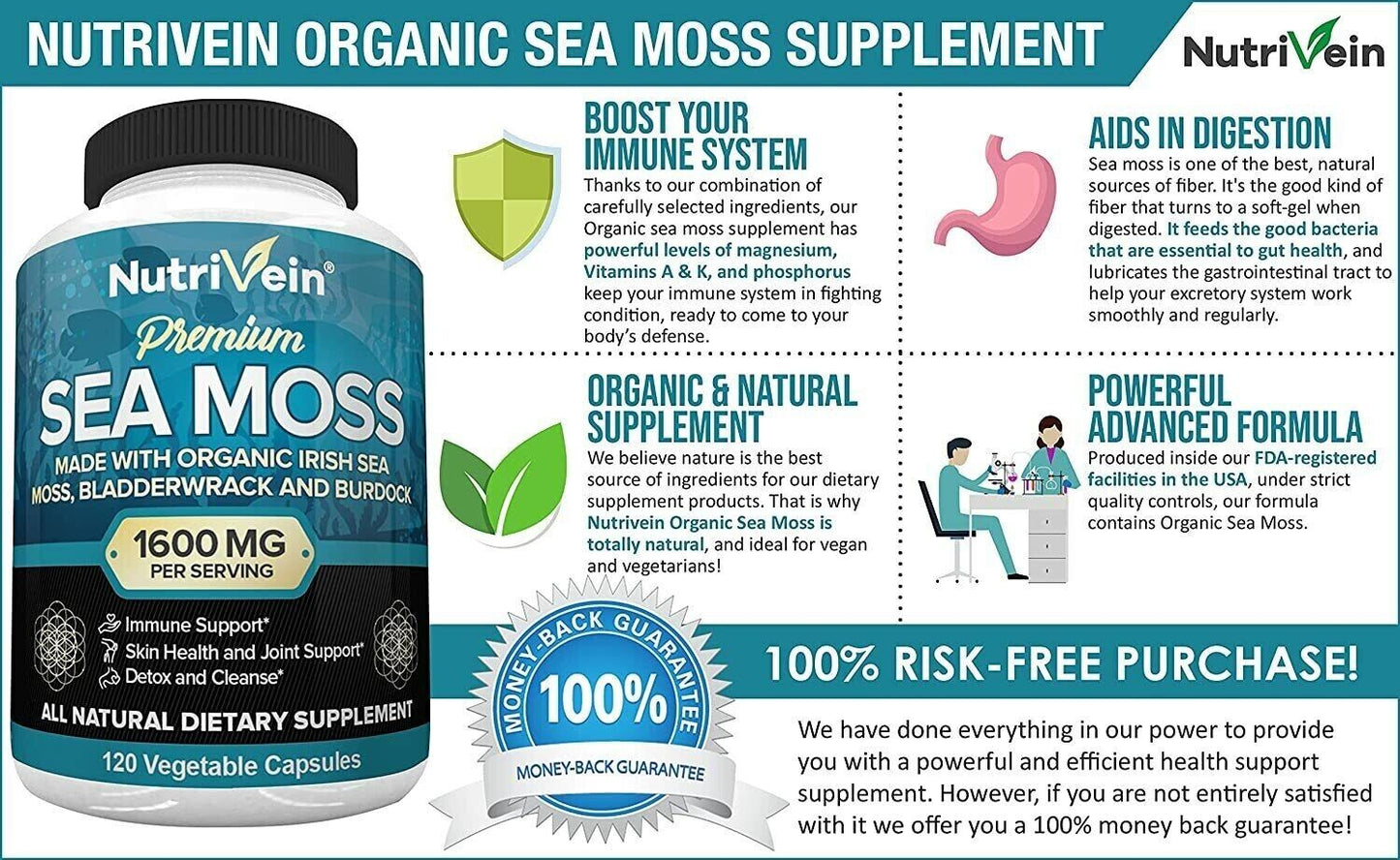 NUTRIVEIN ORGANIC IRISH SEA MOSS 1600mg 120 Caps DOUBLE STRENGTH - FREE EXPRESS!
