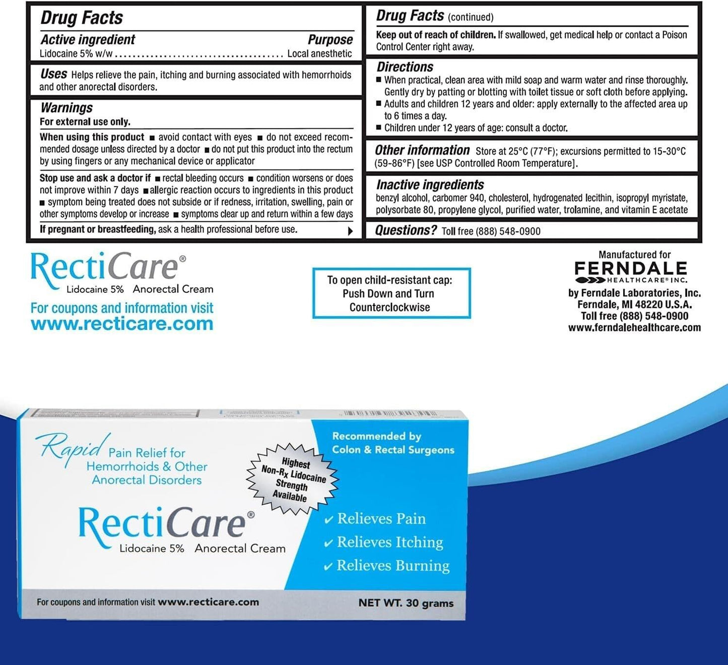 RectiCare Hemorrhoidal Cream Rapid Anorectal Pain Relief 30g - FREE EXPRESS POST