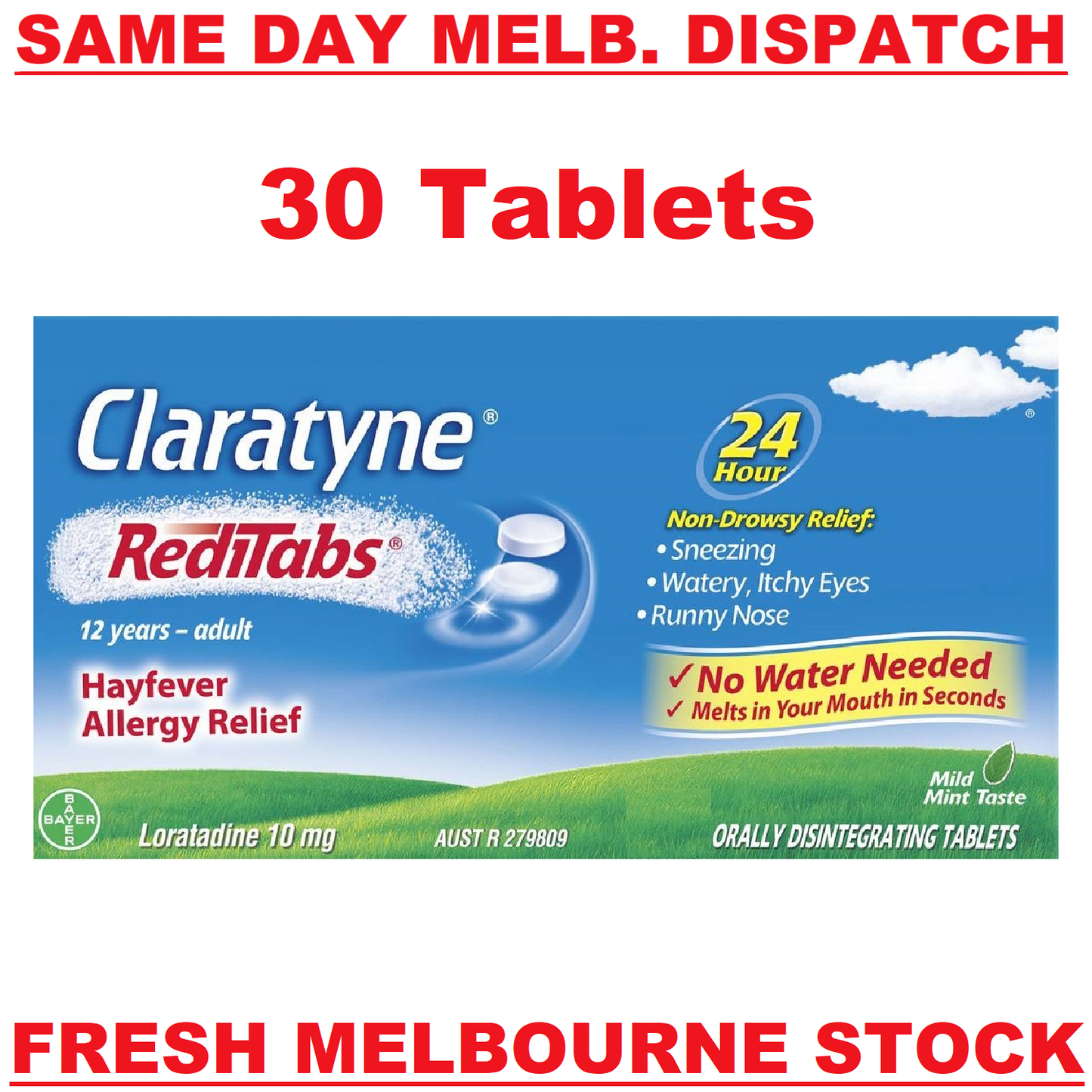 CLARATYNE CLARITIN REDITABS LORATADINE 10MG 24HR ALLERGY RELIEF 30 MELT TABLETS