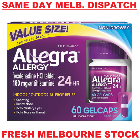 ALLEGRA ALLERGY FEXOFENADINE 180MG (SAME AS TELFAST 180MG) 60 GELCAPS EXP. 09/24