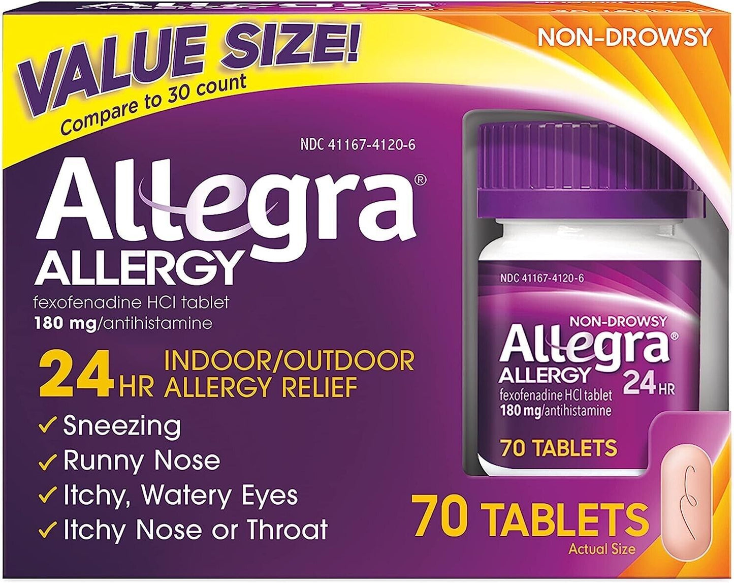 ALLEGRA ALLERGY FEXOFENADINE 180MG (SAME AS TELFAST 180MG) 70 TABLETS EXP. 01/25