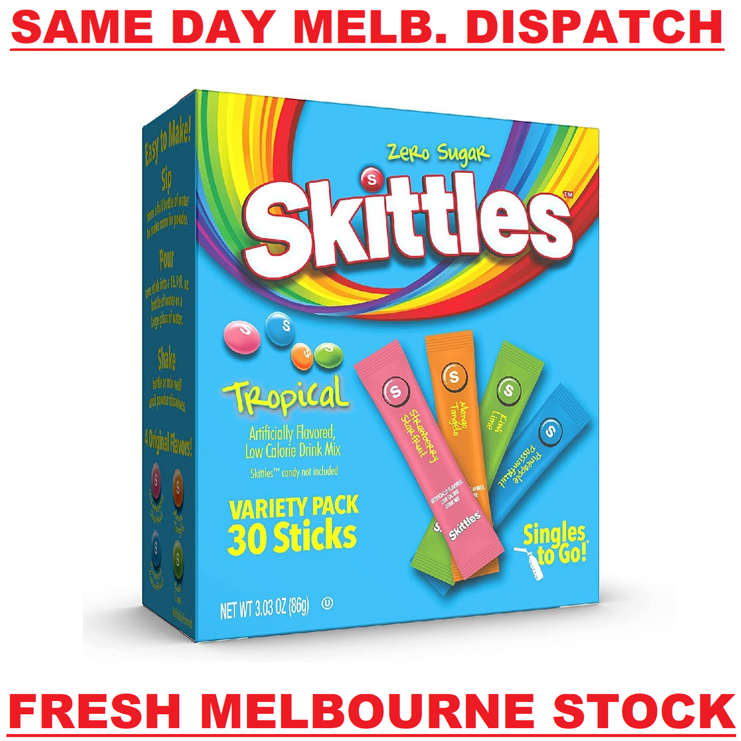 Skittles SUGAR FREE Drink Mix (4 Mix TROPICAL Flavours) - 30 Servings