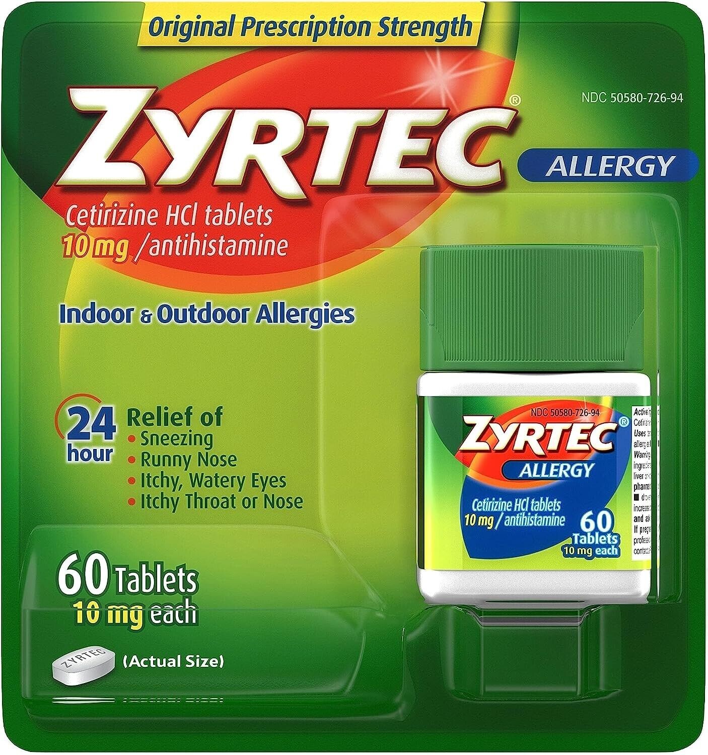 ZYRTEC CETIRIZINE 10MG 24HR ALLERGY & HAYFEVER RELIEF 60 TABLETS EXP. 05/2025